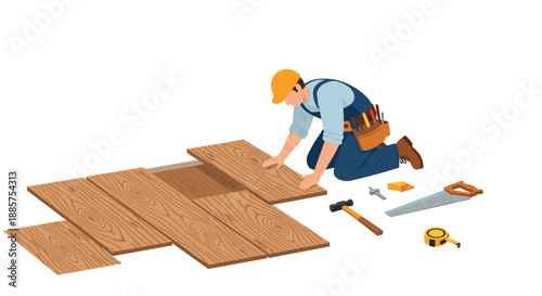 Male carpenter in a hard hat and tool belt kneeling to precisely install wood flooring planks with various tools laid out.