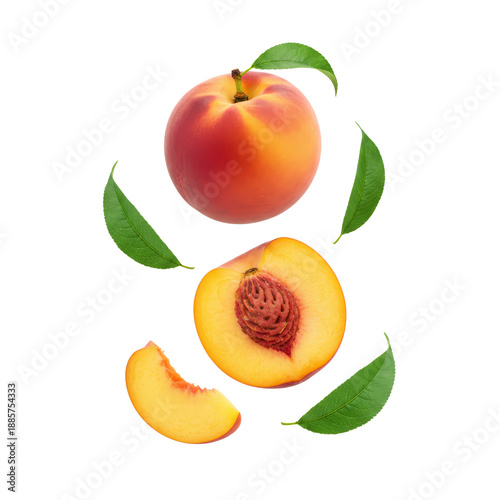 Fresh Peach Halved and Sliced with Green Leaves Floating Isolated