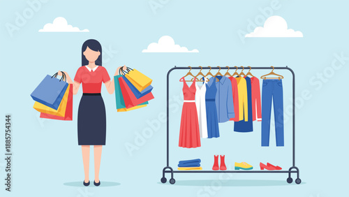 Fashionable woman holding multiple colorful shopping bags standing next to a clothing rack filled with garments in a retail store setting.