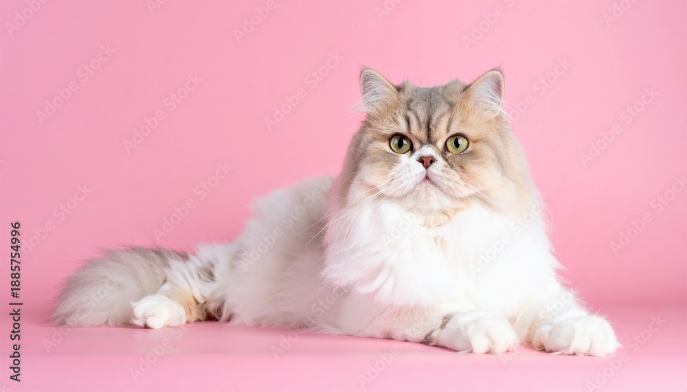 Fototapeta premium Persian cat with long fluffy coat lying on white paws against solid pink background, flat face and intense gaze.