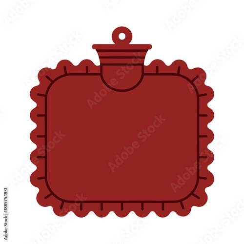Dark red classic rubber hot water bottle icon with a wavy decorative border for medical healthcare pain relief and cozy warmth during cold winter days