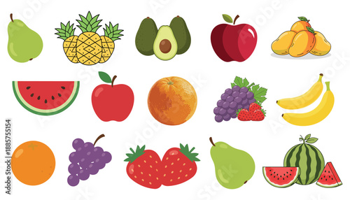 A healthy collection of fresh fruits and berries featuring a cartoon vector set of apple, strawberry, orange, and banana icons in a sweet food illustration