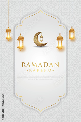 Elegant vertical vector background template for Ramadan Kareem featuring glowing golden traditional Arabic lanterns (Fanoos), a decorative crescent moon, and subtle geometric Islamic patterns in white