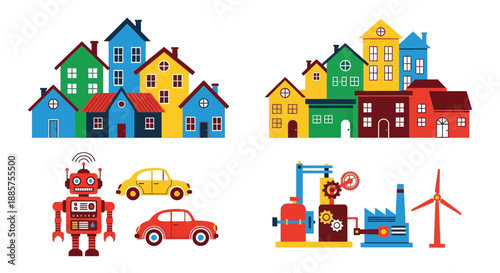 Colorful cityscape illustration featuring buildings robots cars and industrial elements