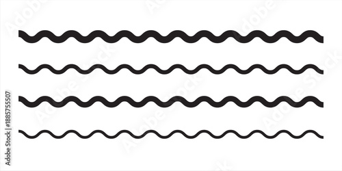 Wave line and wavy zigzag pattern lines. Vector black underlines, Geometric decoration element. smooth end squiggly horizontal, squiggles on white background.