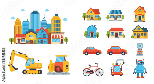 Colorful cityscape illustration featuring buildings construction vehicles and various transportation options