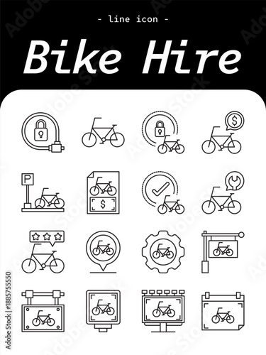 Bike Hire thin line icon set. Bicycle rental, urban transport, travel outline icons.