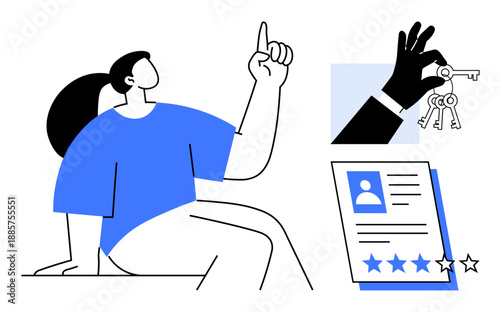 Sitting person pointing upward, keys being handed over, profile with photo and star rating. Ideal for real estate, success, opportunity, job selection, decision-making, feedback property concept