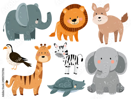 A collection of cartoon animals illustrations against a simple background. Including an elephant, lion, zebra, giraffe, a turtle, bird and dog Isolated Transparent Background, PNG