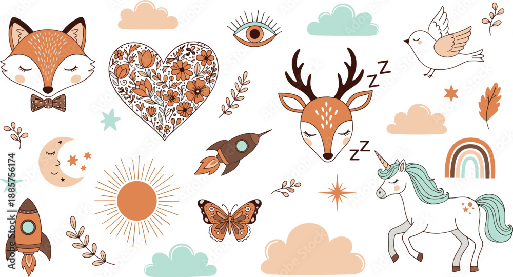 Obraz premium Boho woodland elements vector illustration set with fox, deer, unicorn, birds, sun and hearts, whimsical nature symbols in warm earthy tones isolated