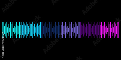 Blue and purple gradient sound waves or audio waveform on black. Music, sound, voice recording, and soundtrack visualization. Sound wave equalizer and audio waveform spectrum. Music line graph.