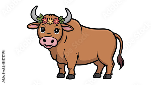 Cheerful Taurus with Floral Crown: A jovial bull, adorned with a floral crown, stands proud, embodying strength, and the rustic charm of the countryside. 