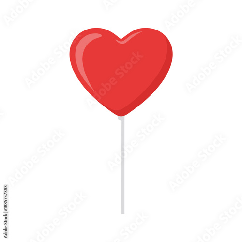 Red heart shaped lollipop on a white stick simple flat vector illustration of sweet candy treat isolated on white background for romantic celebrations.