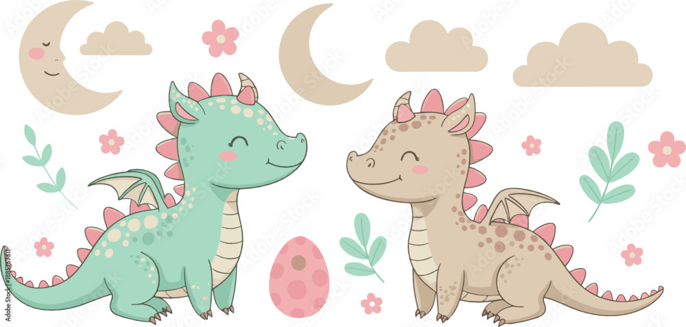 Naklejka premium Cute baby dragon illustration with pastel fantasy creatures, moon, clouds, egg, and floral elements for nursery decor and playful flat vector designs