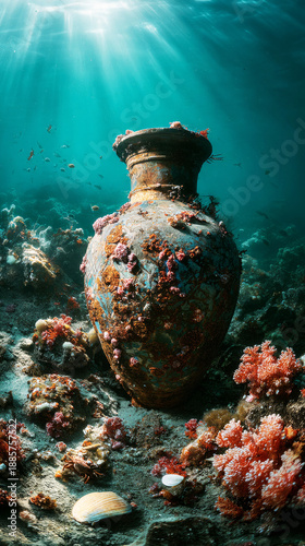 Ceramic amphora lies on the ocean floor, surrounded by coral and marine growth. Sunlight filters through the water, illuminating the scene during midday