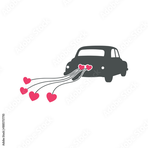 Simple Silhouette of a Classic Wedding Car with Heart Shaped Balloons Flying Behind Symbolizing Romantic Marriage Celebration and Just Married Concept