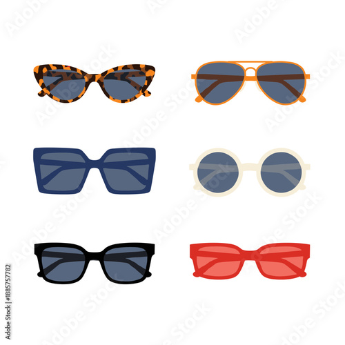 Stylish collection of fashionable sunglasses and eyewear in various shapes and colors isolated on white background flat vector illustration set of trendy sun glasses for summer and travel