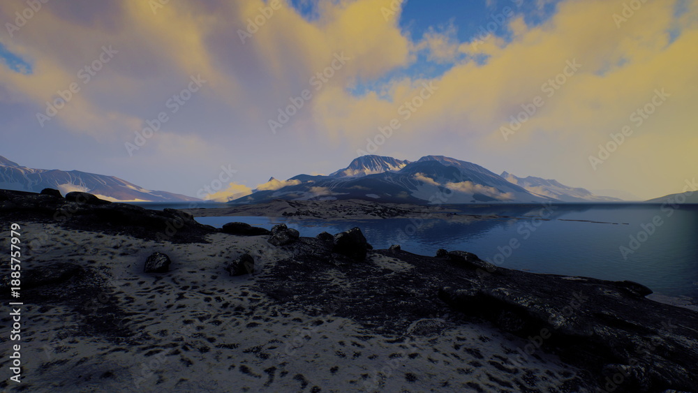 Fototapeta premium Water reflects the soft colors of sunset as mountains rise majestically in the background. Sandy shores and gentle waves create a peaceful atmosphere at this beautiful location.
