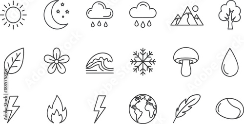 Print Minimalist Elemental Nature and Weather Line Icon Set Featuring Earth Air Fire and Water Symbols in a Clean Linear Style