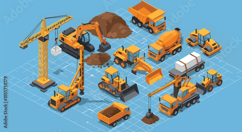 Isometric Construction Vehicles And Heavy Machinery Collection