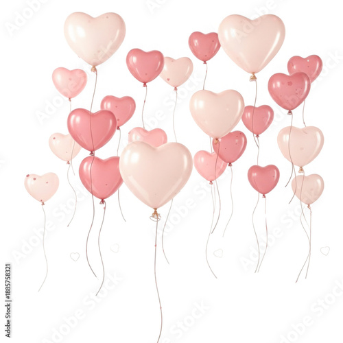 A delightful collection of pink and white heart shaped balloons floating freely on transparent background