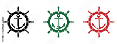 Classic ship wheel and anchor symbols in black, green, and red representing nautical themes 