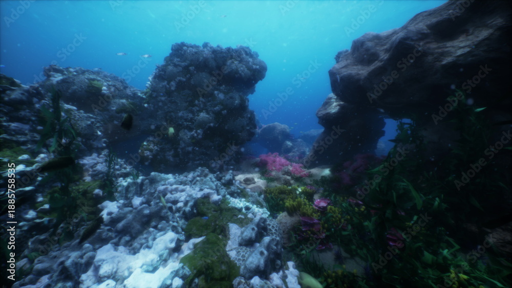 Fototapeta premium Underwater scene showcases vibrant corals and diverse marine life. Sunlight filters through clear waters, highlighting the beauty of the ocean floor and its rich ecosystem.