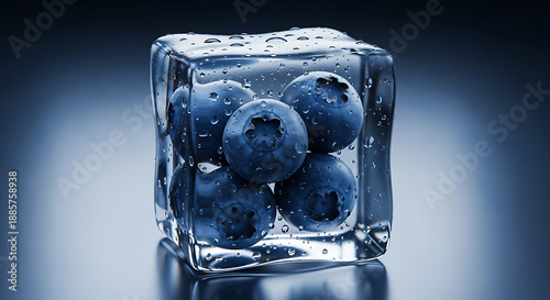 Frozen blueberries encased in a transparent ice cube with water droplets on the surface
