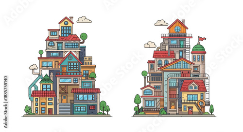 Colorful and whimsical illustrations of uniquely stacked multi story buildings