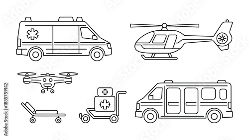 Emergency Vehicles and Equipment: A set of detailed line drawings showcases an array of vital emergency response vehicles and equipment, embodying readiness and swift assistance.