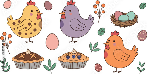 Cute chicken and hen illustration set with eggs, nests, muffins, leaves, and playful farm elements in soft pastel flat vector style