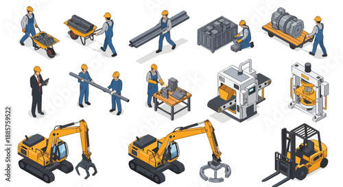 Industrial Isometric Set - Workers Machinery and Materials