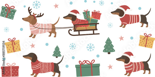 Cute Christmas dachshund illustration set with festive sweaters, Santa hats, gifts, snowflakes, and playful holiday dog characters in flat vector style