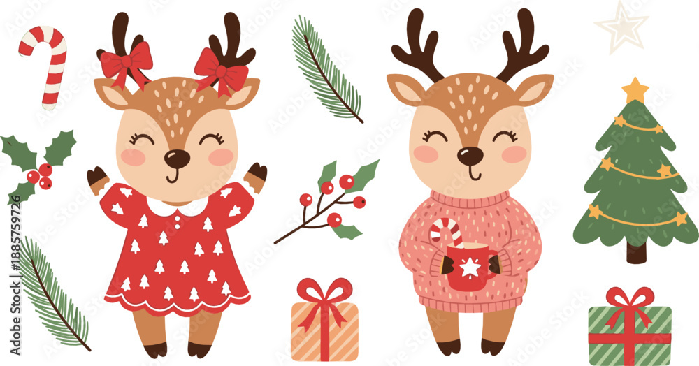 Naklejka premium Cute Christmas deer vector illustration set with winter outfits, gifts, pine branches and holiday decorations, cozy cartoon reindeer characters for festive kids designs isolated