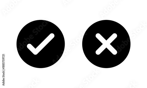 Check mark and cross icon in black circle. Yes and no symbol. Approval and rejection sign