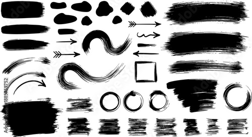 Essential Vector Grunge Kit: Hand Drawn Ink Brush Strokes, Black Paint Texture Elements, Arrows, Circles, and Distressed Art Accents for Banners, Frames, Logos, and Creative Design Assets.