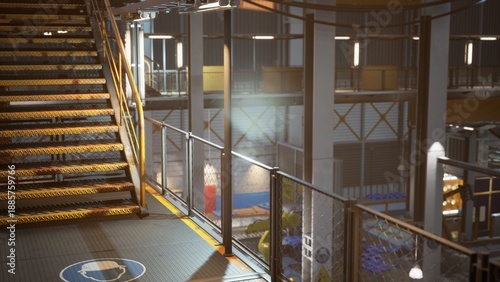 Bright artificial lights illuminate a bustling industrial area featuring steel staircases, safety railings, and various workstations. Equipment and machinery are scattered throughout.