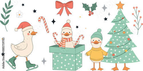 Cute Christmas duck characters with gifts, candy canes, and festive decorations in kawaii winter style vector illustration for kids