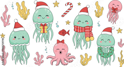 Cute Christmas jellyfish and octopus illustration set with Santa hats, scarves, candy cane, stars, and festive underwater characters in pastel flat vector style