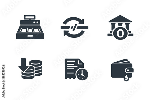 Business failure icon set showing cash flow problems, delayed payments, and liquidity issues. Monochrome vector icons for finance apps, dashboards, and corporate reports.