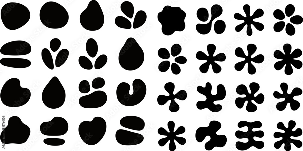 Fototapeta premium Huge Vector Collection of 32 Abstract Liquid Blob Shapes and Amoeba Elements. Black Organic Splatter Forms, Rounded Flowing Silhouettes, and Retro Groovy Graphic Design Assets.