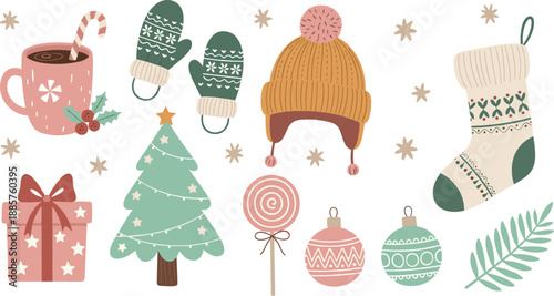 Cute Christmas winter illustration set with mittens, hat, socks, gifts, ornaments, candy, tree, and cozy festive holiday elements in pastel flat vector style