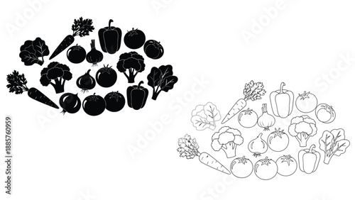 Variety of vegetables displayed in a bold black silhouette