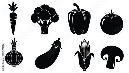 Black silhouettes of various vegetables arranged on a white background silhouette