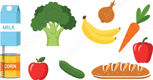 Cartoon food item collection, healthy grocery illustration, milk, vegetables, fruits, bread, canned corn, nutrition concept, meal planning