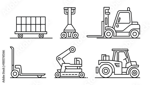 Industrial Machinery: A collection of various industrial machinery and vehicles essential for transportation and cargo handling, perfect for showcasing logistics, and engineering.