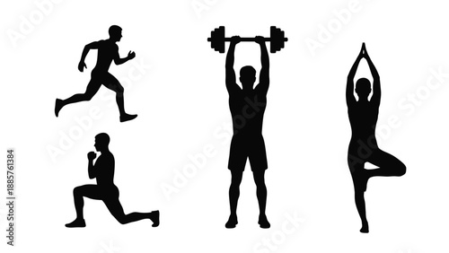 Fitness activities depicted in stark black silhouettes