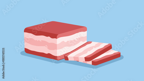 Slices of fresh raw bacon and a solid block of cured meat displayed against a light blue background for food and cooking themes.