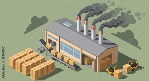 Industrial Factory With Smoke Stacks and Conveyor Belt