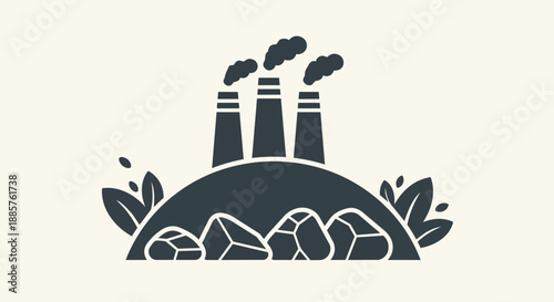 Industrial Factory Emitting Smoke With Coal Pile And Leaves Icon